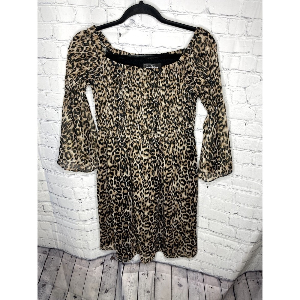 Sam Edelman Leopard Print Smocked Mini Dress Bell Sleeve Metallic Gold Size 6